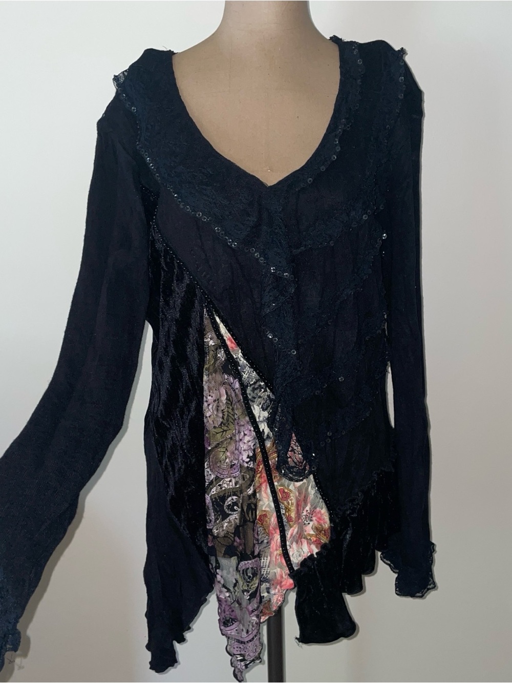 Black Layered Asymmetric Tunic with Floral Accent